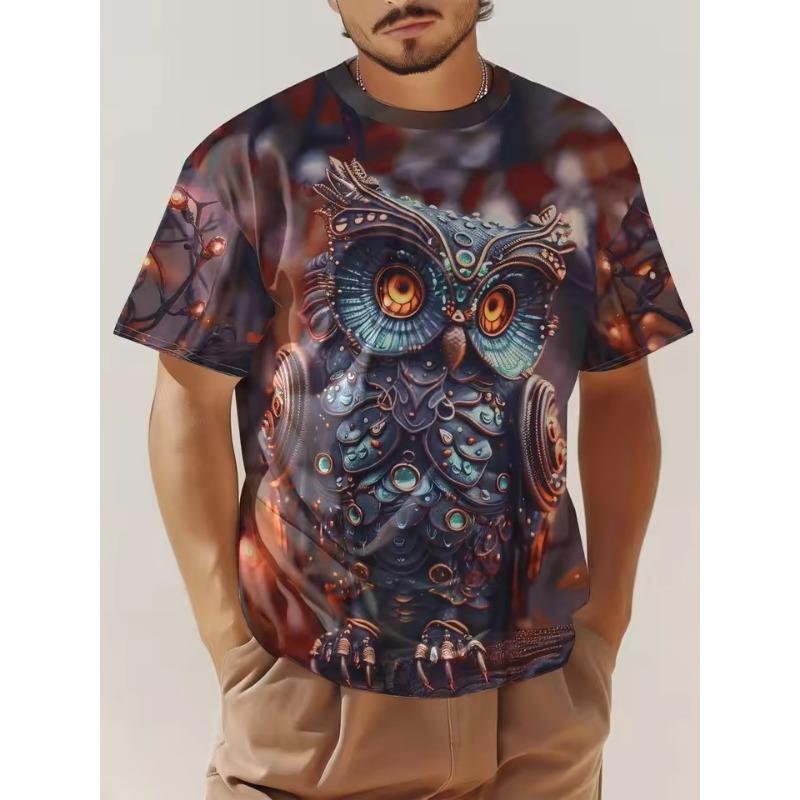 Men's Owl Graphic Print T Shirt Fashion Short Sleeve Crew Neck 3D Digital Printed T-Shirt Novelty Oversized T Shirts Men Tops