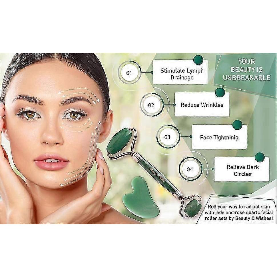 Jade Roller and Gua Sha Set - 100% Natural & Authentic - Body & Face Massager Roller for Eye Puffiness, Skin Tightening, Jawline & Fine Lines, Beauty