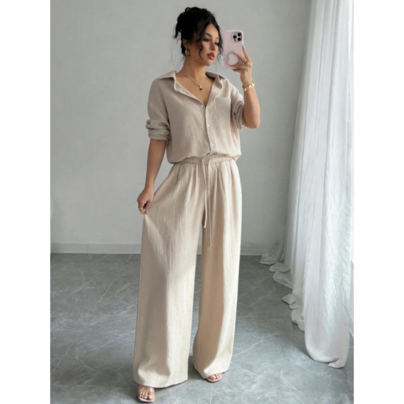 Spring Fashion Plus-Size Women's Two-Piece Set: Linen-Style Shirt & High-Waisted Loose Pants