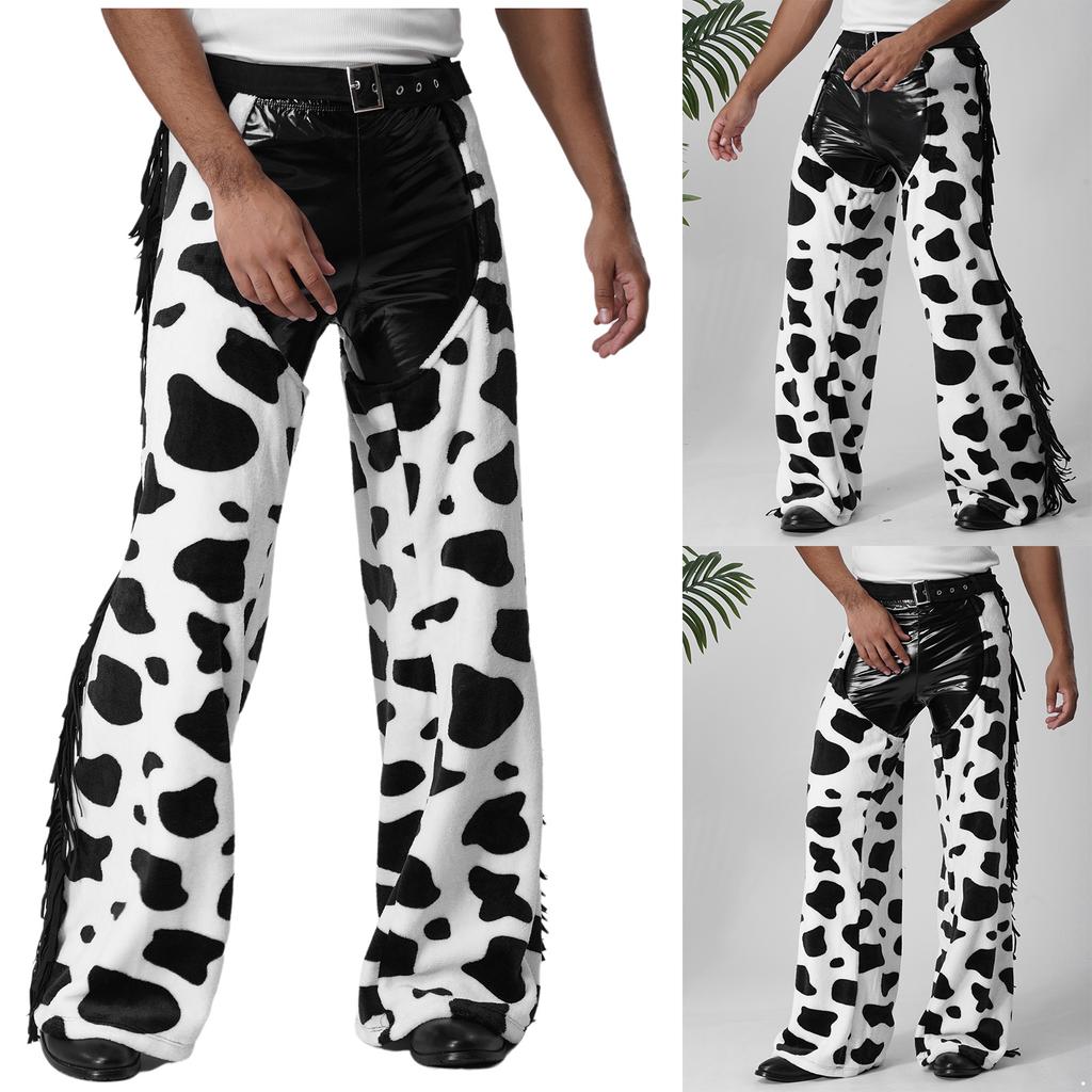 Men's Cow Print Flannel Chaps - Adjustable Waist Open Crotch Biking Pants with Side Tassels for Cowboy/Halloween (S-4XL)