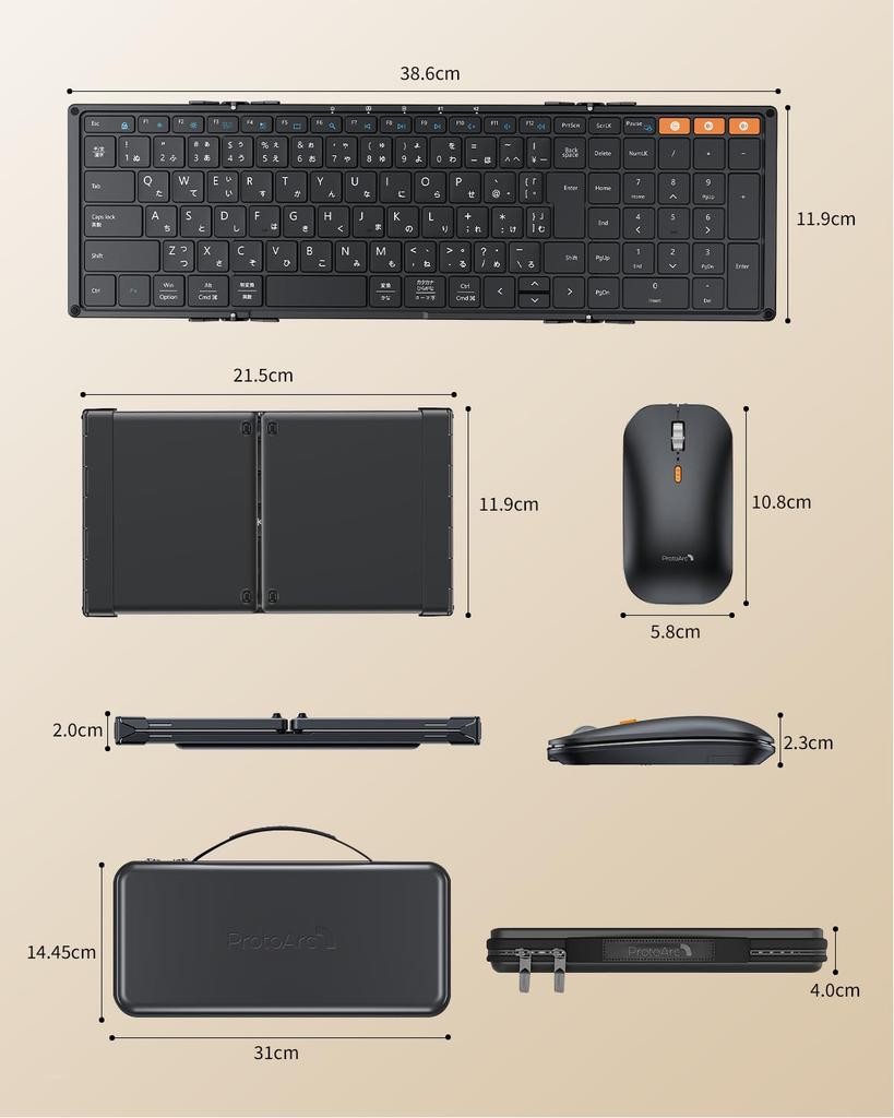 ProtoArc XKM01 Keyboard and Wireless Mouse Set, Foldable, Connects 3 Devices Simultaneously, Bluetooth/USB Connection, Wireless, Lightweight, Compact,