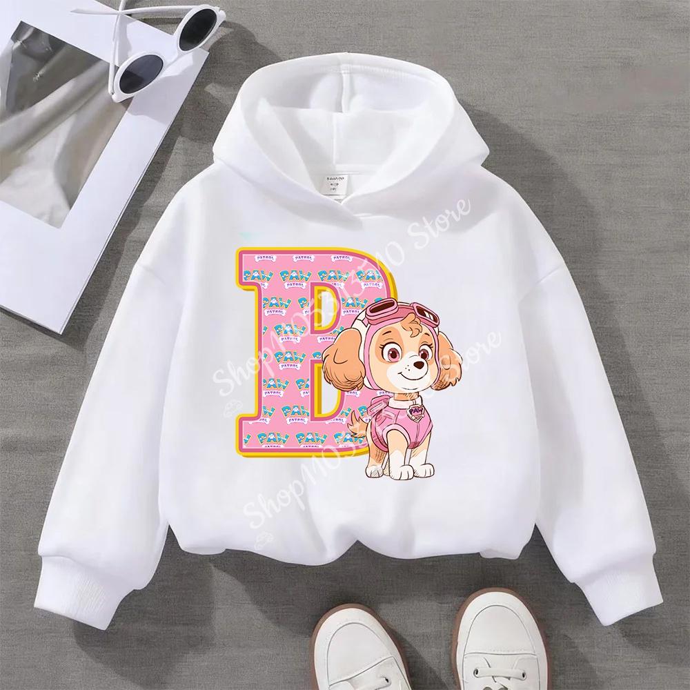 PAW Patrol Child White Long- Sleeve Hoodie Girls Skye Polyester Tops Cartoon 26 Letter Printed Pullover Children Birthday Gifts
