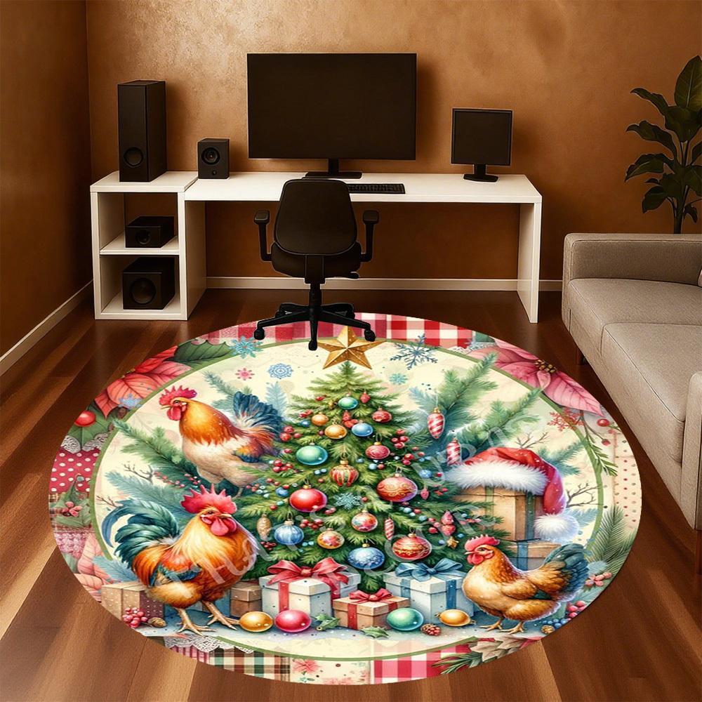 1PC Christmas Tree Rooster Office Round Area Rug, Under Office Chairs Bedroom Living Room Home Decor,Carpet for Office, -1110274