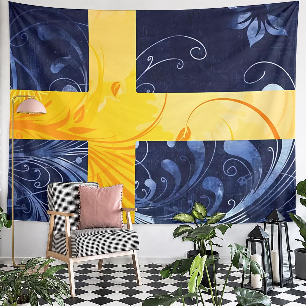 Yellow cross on blue background with swirling floral accents. Patterned tapestry for bedroom and living room home decor