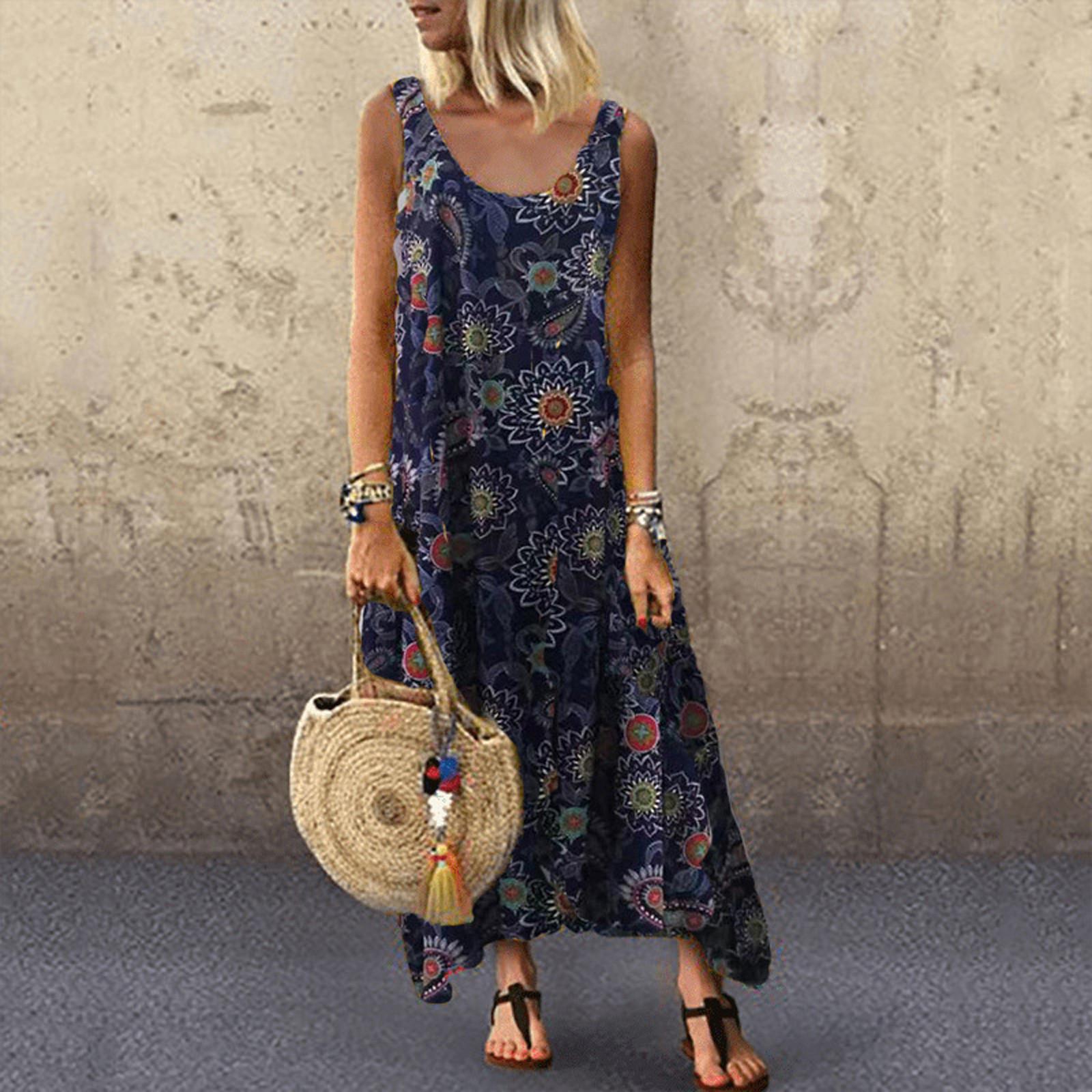 Fashion Women Loose Sleeveless Irregular Print Retro Casual Dress XXXXL