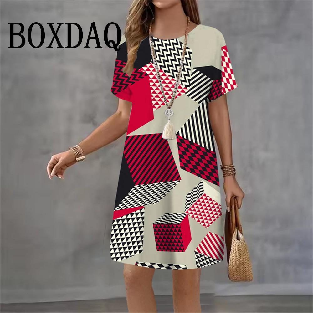 2026 New Women's Dresses Geometric Graphic Abstract Striped Print Elegant Dress Female Summer Loose Short Sleeve Rint Dress