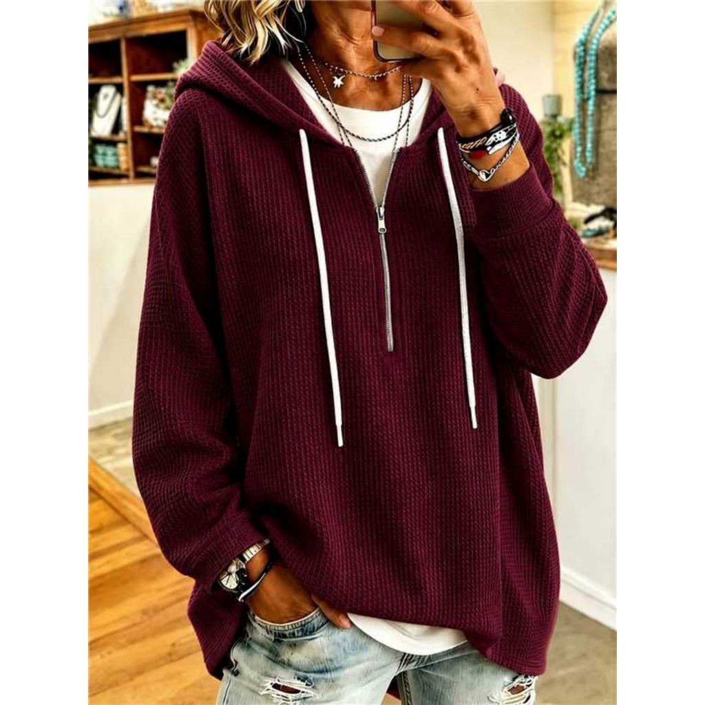Women's Waffle Hoodie, Drawstring Zip-Up Loose Long Sleeve Sweatshirt Top, New Arrival, European American Style Cross-border Women's Clothing