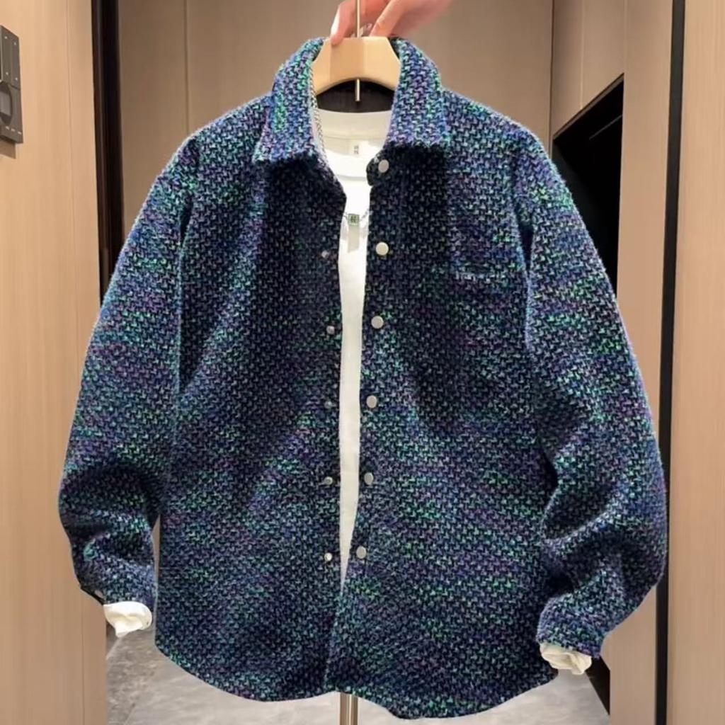 Lapel Woven Plaid Jacket Men's Autumn Korean Version Loose Couple Casual Dovetail Shirt Jacket