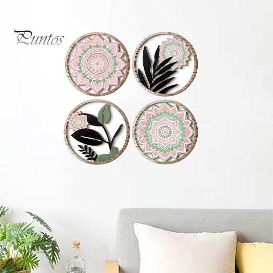 Zestaw Czterech Okrągłych Płyt Ściennych 4 Szt. Wystrój Boho, Drewniane Geometryczne Kwiatowe Elegancka Sztuka Dekoracji Wnętrz Domu, Estetyka Wiejska Wiszące Ozdoby