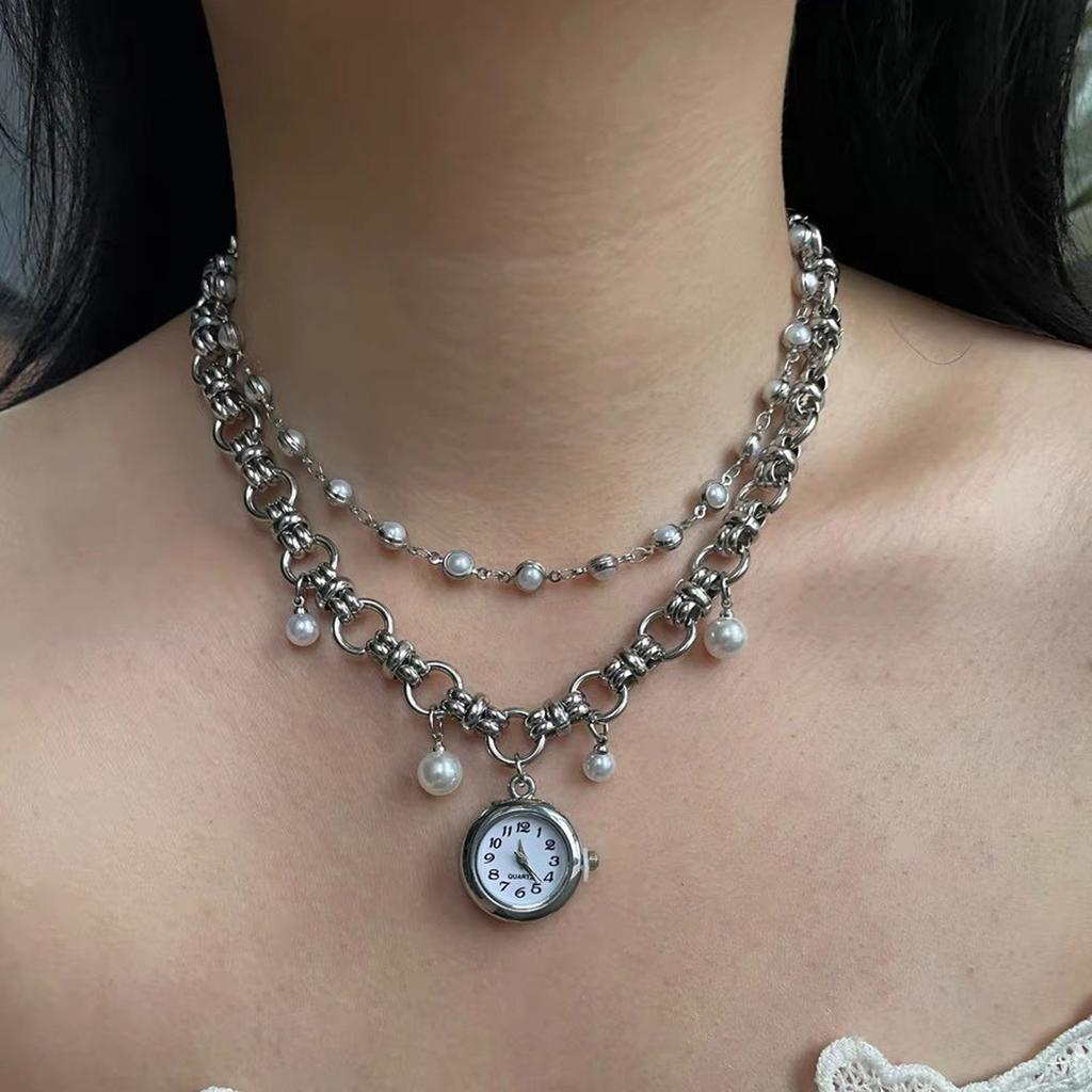 Elegant Imitation Pearls Tassels Watch Pendant Necklace With Alloy Chain For Women Wedding Party Daily Jewelry Gift