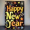 Happy New Year Theme Vintage Iron Sign Bright Yellow Orange   Suitable for Garden Outdoor Decoration Event Party Supplie
