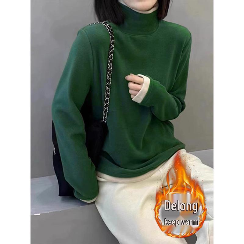 Autumn/Winter Color Block Women's High-Neck Velvet Long Sleeve Slimming Shirt
