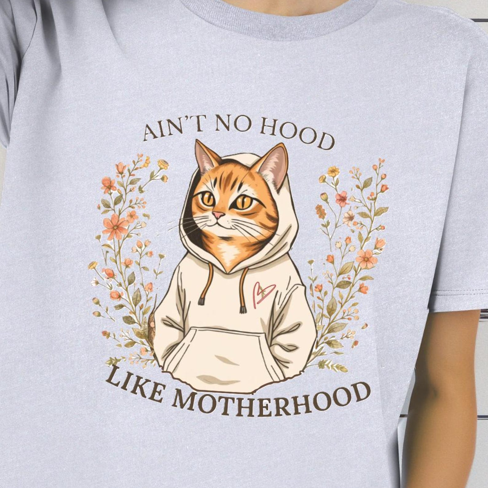 Cute Cat Mom T shirt, Ain’t No Hood Like Motherhood Tee, Cat Lover Shirt Gift, Motherhood Funny Shirt, Cute Floral Mom T shirt 3XL