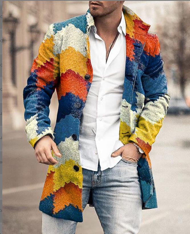 Men's Woolen Mid-Length Digital Print Coat - Autumn/Winter Collection