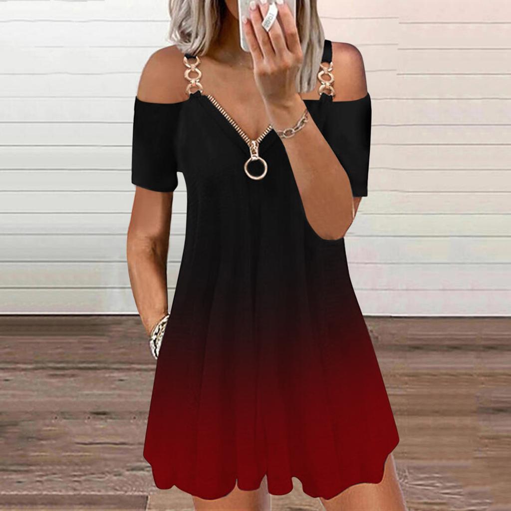 Women Casual Sling Off Shoulder Short Sleeve Zipper V-neck Gradient Color Dress