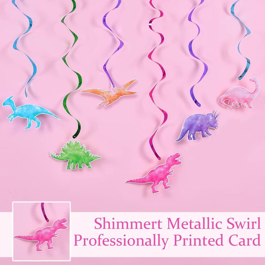 WERNNSAI Watercolor Dinosaur Party Hanging Swirl - 24Pcs Dinosaur Party Decorations for Girls Kids Birthday Baby Shower Foil Whirls Ceiling Streamers