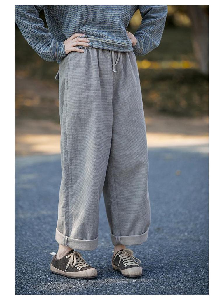 Women's Retro Gray Cotton Elastic Waist Casual Pants