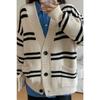 V-neck Single-breasted Lazy Style Striped Pocket Sweater Jacket, Fashionable Brown Ladies Autumn and Winter Warm Sweater Cardigan7051#
