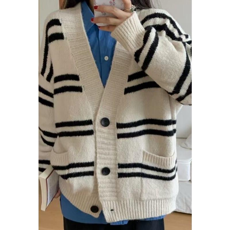 V-neck Single-breasted Lazy Style Striped Pocket Sweater Jacket, Fashionable Brown Ladies Autumn and Winter Warm Sweater Cardigan7051#