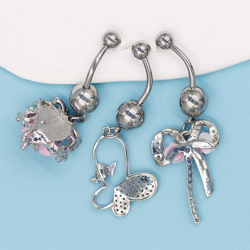 Heart Bow Navel Ring Ornament For Women Girls Light Luxury Belly Button Piercing Barbell Pendant Body Piercing Jewelry