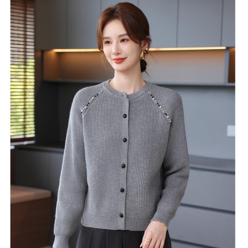 Autumn new sweater casual versatile fresh round neck beaded top women's knitted cardigan jacket