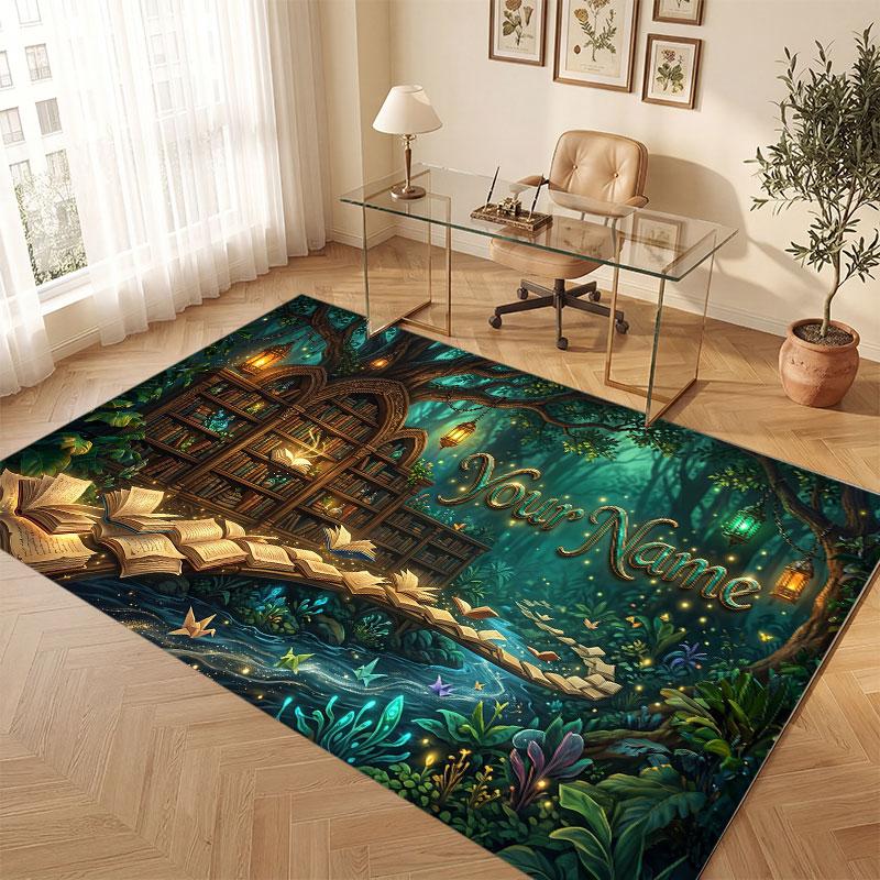 Nature Library Travel Theme Crystal Velvet Floor Rug Personalized Custom Name Text Warm Carpet Home Decoration