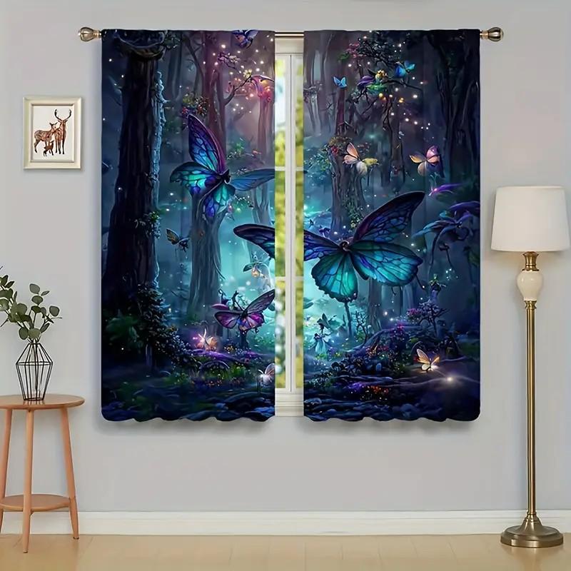 Jit Vivid Butterfly Pattern Curtains Shading Polyester Living Room Decor Curtain Set Of 2 Made With Rod Pocket Washable Area Ready