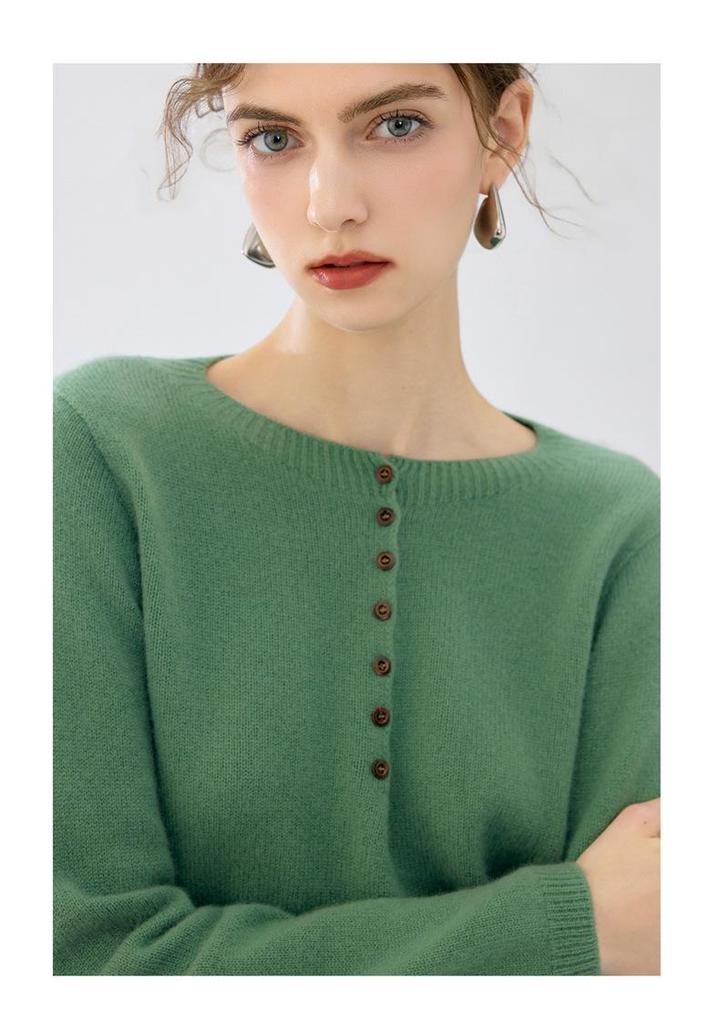 Lekasha Women's 7-Gauge Cashmere Half-Zip Round Neck Button-Up Sweater