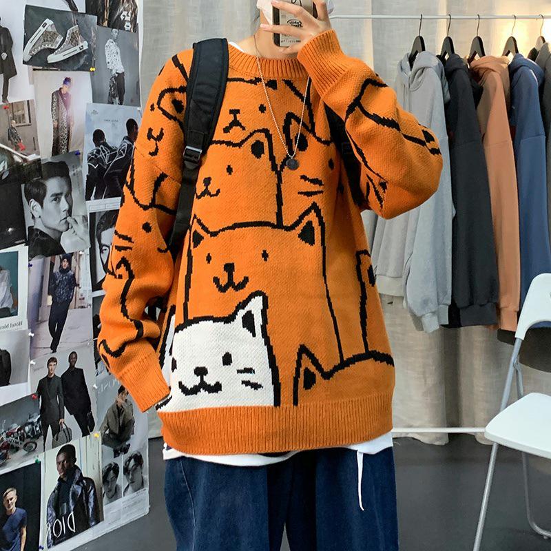 Men's Hong Kong Style Cartoon Sweater – Loose Fit, Trendy, Round Neck, Spring/Autumn.
