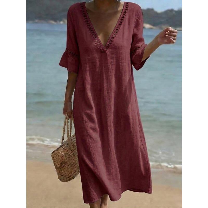 QICED Fashion Summer Spring Short Sleeve V-Neck Casual Dresses