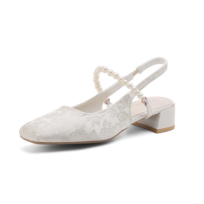 Baotou sandals women's 2025 summer new thick heel light mouth single shoes French pearl Mary Jane shoes square head high heels