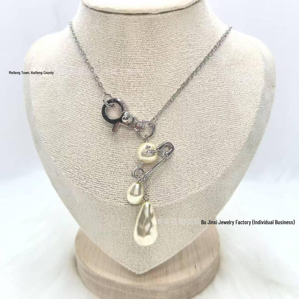 Empress Dowager Baroque Pearl Saturn Brooch Necklace & Earrings Set: Light Luxury Fashion Clavicle Chain