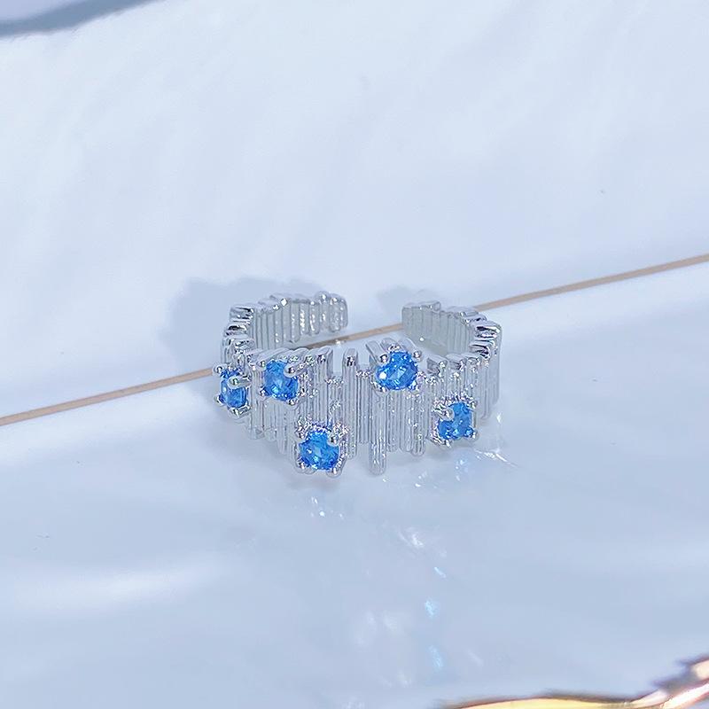 Caibao Personalized Sea Blue Micro-Inlaid Zir*****Pen Ring Female Geometric Niche Light Luxury High-End Ring Female