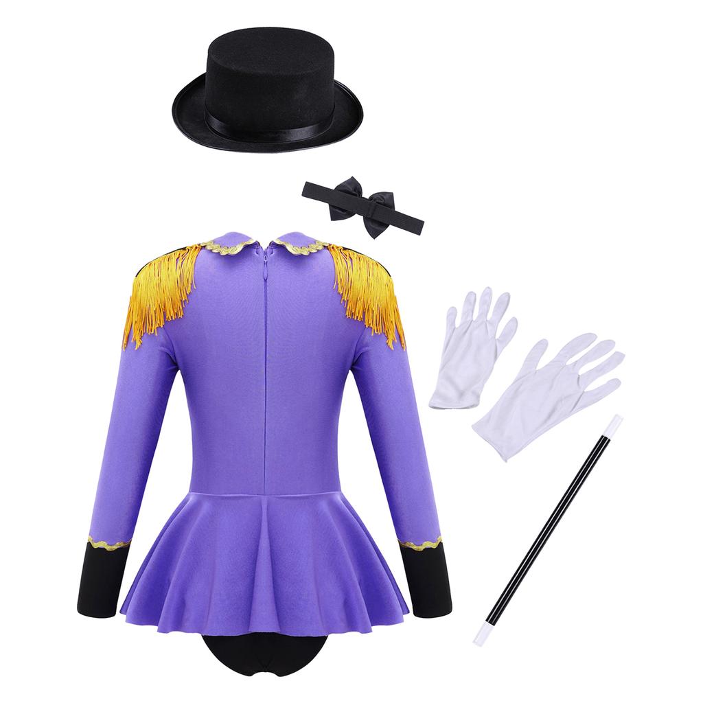 Girls Circus Costume Set Long Sleeve Lapel Tassel Shoulder Back Zipper Leotard Bow Tie Hat Magic Wand Gloves