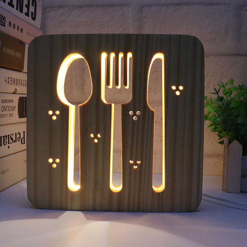 Creative 3D Night Lamp Corporate Gift Design Letter Music Notes Solid Wood Hollowed-out Carving LED Desk Lamp Wooden