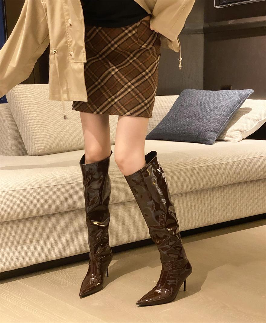 

High Heel Pointed Red Hottie Wind Skinny Boots Long Knight Boots Women s Shoes Spring/Autumn 2025 Pile Long Boots 40 темно-коричневого кольору
