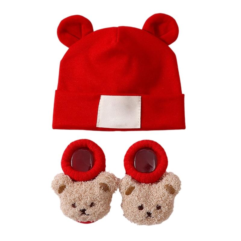 Atmungsaktive Babymütze mit Ohrenmuster und Socken Elastische Baumwoll-Polyester-Mischung Sanft zu empfindlicher Haut Sicherer Sitz für Säuglinge