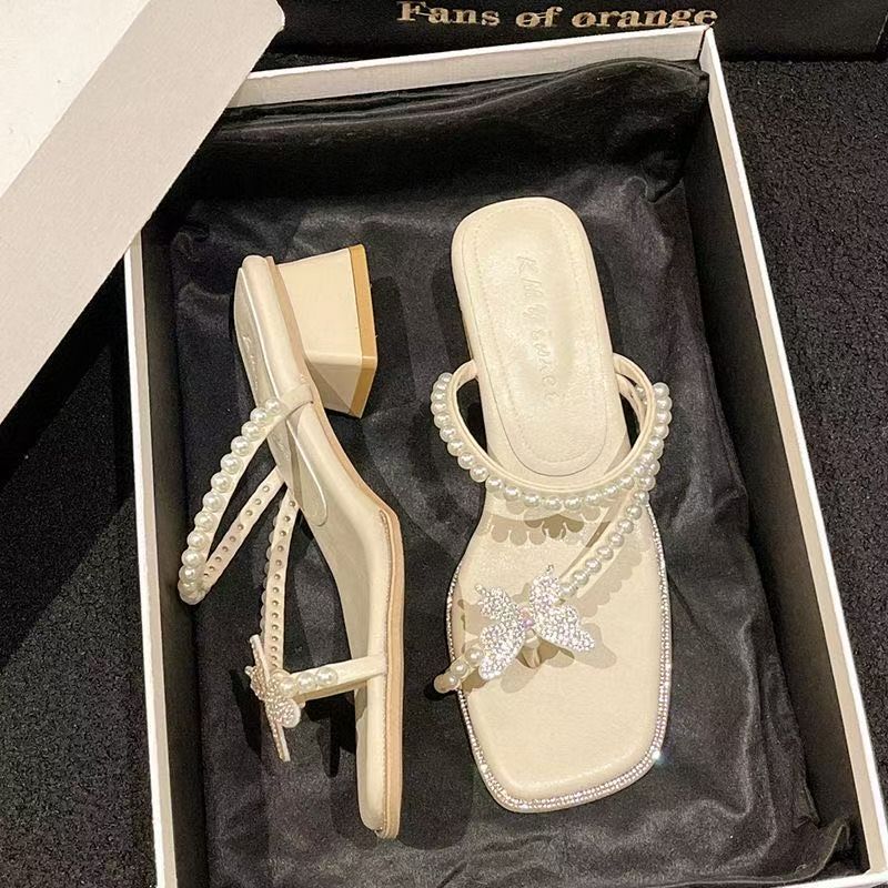 Rhinestone Bow French Fairy Wind 2025 Summer New Mezzanine High Heel Sandals Women's Retro Thick Heel Cold Slippers