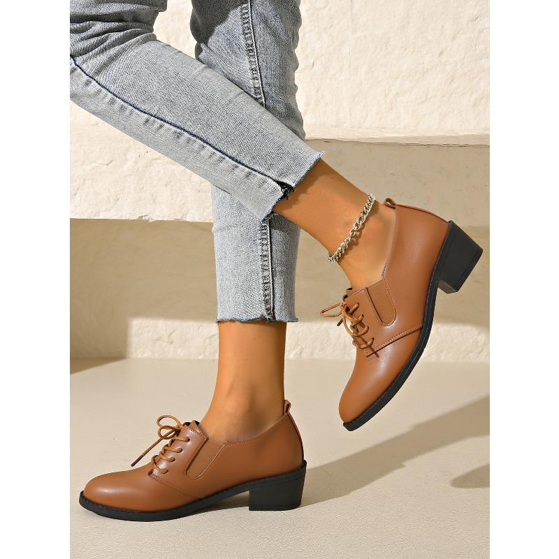 Fall 2025 New Thick-heeled Low-top Single Shoes Women's Plus-size Lace-up Retro Leather Shoes