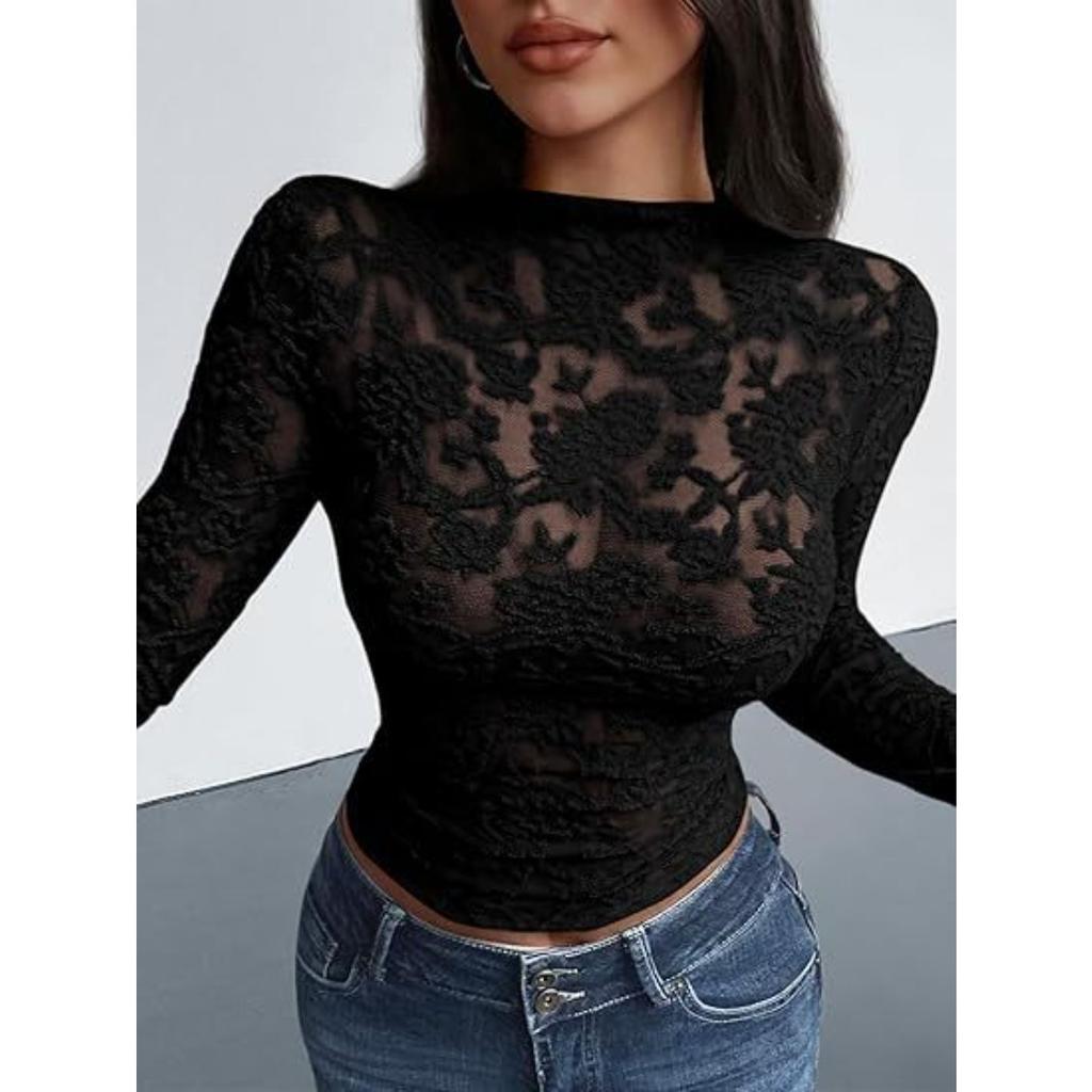 Autumn Sheer Mesh Floral Lace Blouse for Women, V-Neck Sexy Party Clubwear
