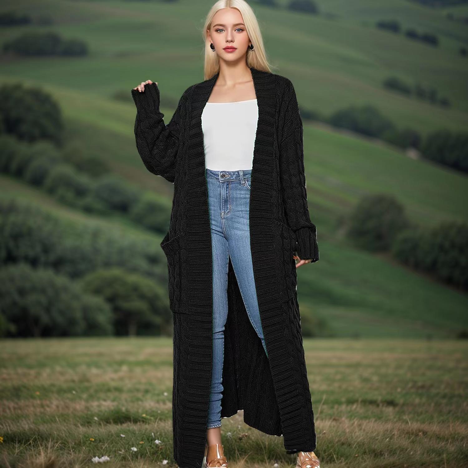 

Відкритий передній в’язаний довгий кардиган для жінок з довгим рукавом, вільний модний повсякденний відкритий трикотажний кардиган, одноколірний XXXL чорний