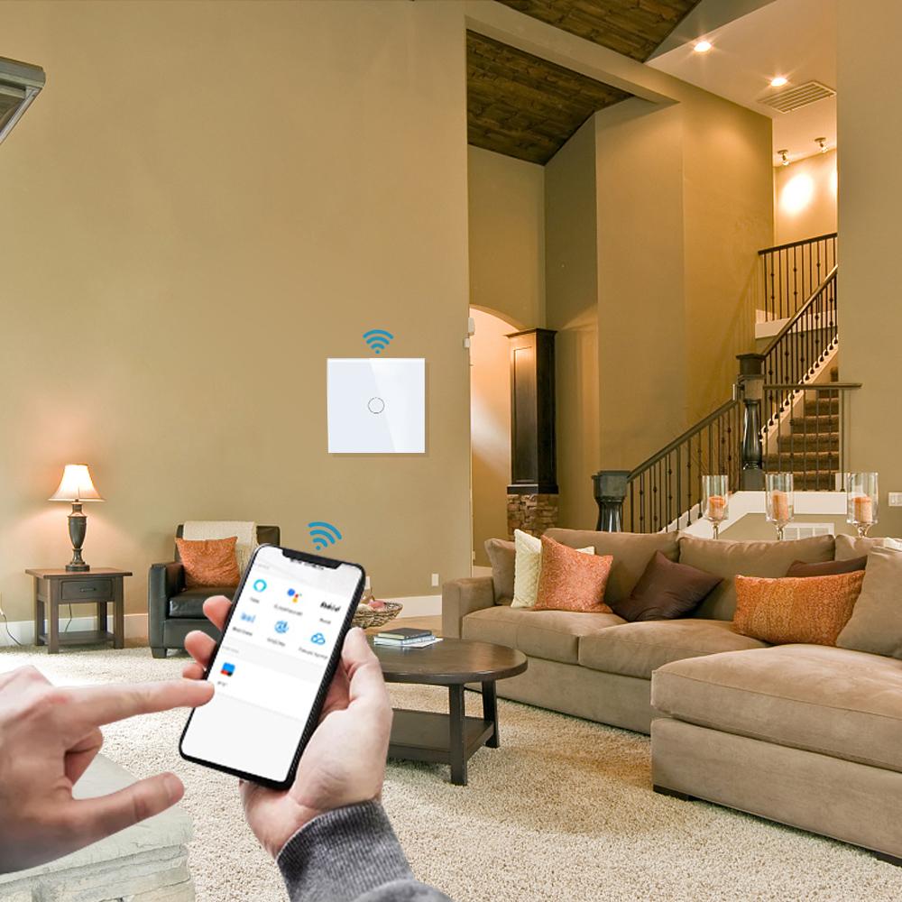 WIFI Eu 1_2_3_4 Gang Smart Home APP Remote Control Voice Light Tempered Glass Touch Wifi Tuya Wall Electrical Switch