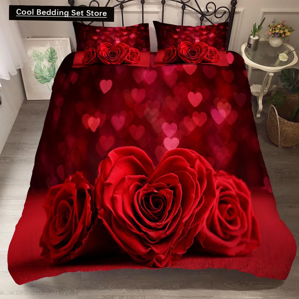 Red Rose King Queen Duvet Cover Romantic Flower Bedding Set Valentine's Day Quilt Cover Couples Floral Polyester Comforter Cover