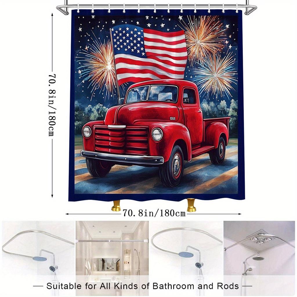 Patriotic Truck Shower Curtain - Vibrant Pickup, Red Chrome, American Flag, Classic Americana, Water-Resistant Polyester