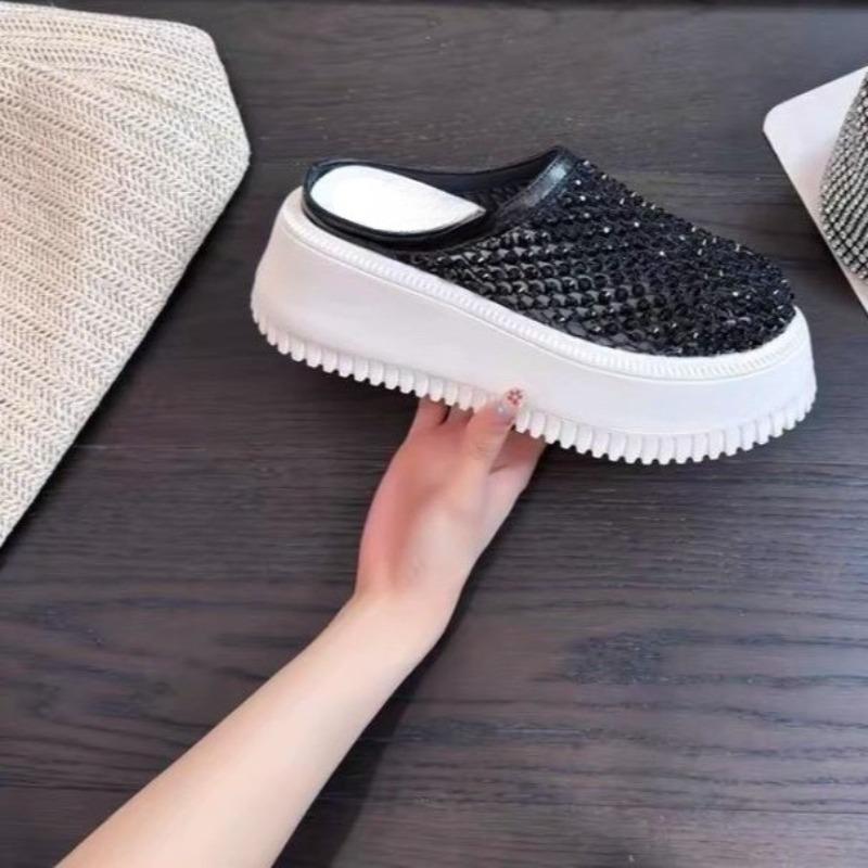 Heightened Sandals Summer New Round Toe Deep Slip Rhinestone Mesh Breathable Versatile Wrapped Head Flip-Flops