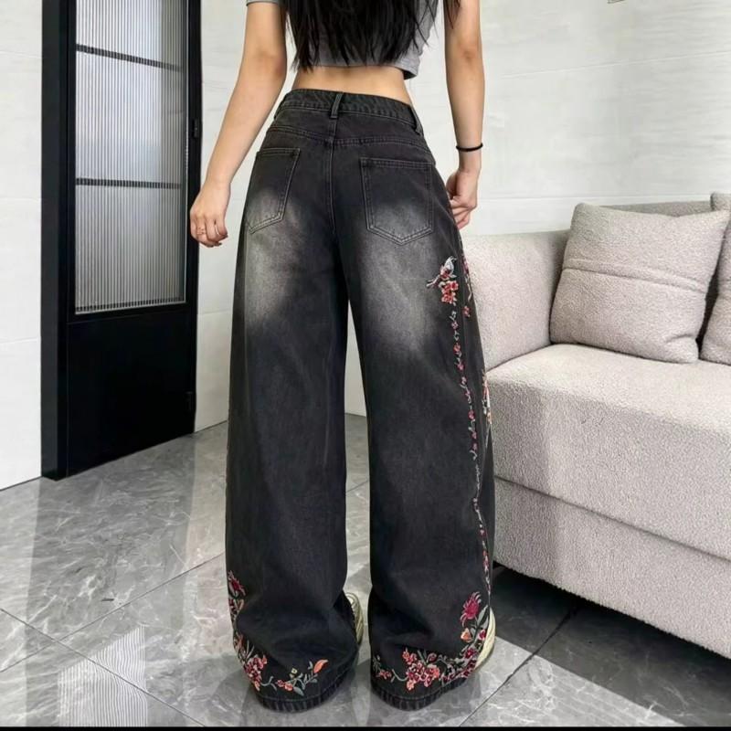 Womens High Waist Wide Leg Jeans Retro Floral Embroidery Loose Straight Washed Denim Trousers