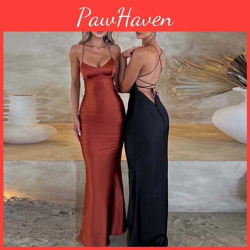 Satin Fall Elegant Women Outfits Gown Lace Up Slip Club Clothes Sexy Backless Bandage Party Maxi Dress