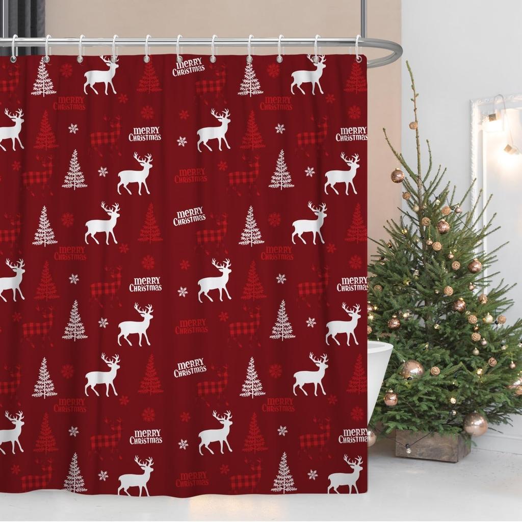Julduschdraperi för Badrum Rött Julfest Duschdraperi Set med Krokar Älg Julgranar Snöflingor Dekor Vattentät