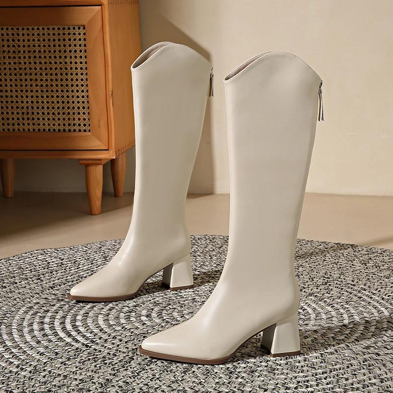 Fashion 2025 New Autumn Winter Keep Warm Fur Women Knee High Boots Fashion Pointed Toe Shoes Thick Heel Ladies Knight Long Booties