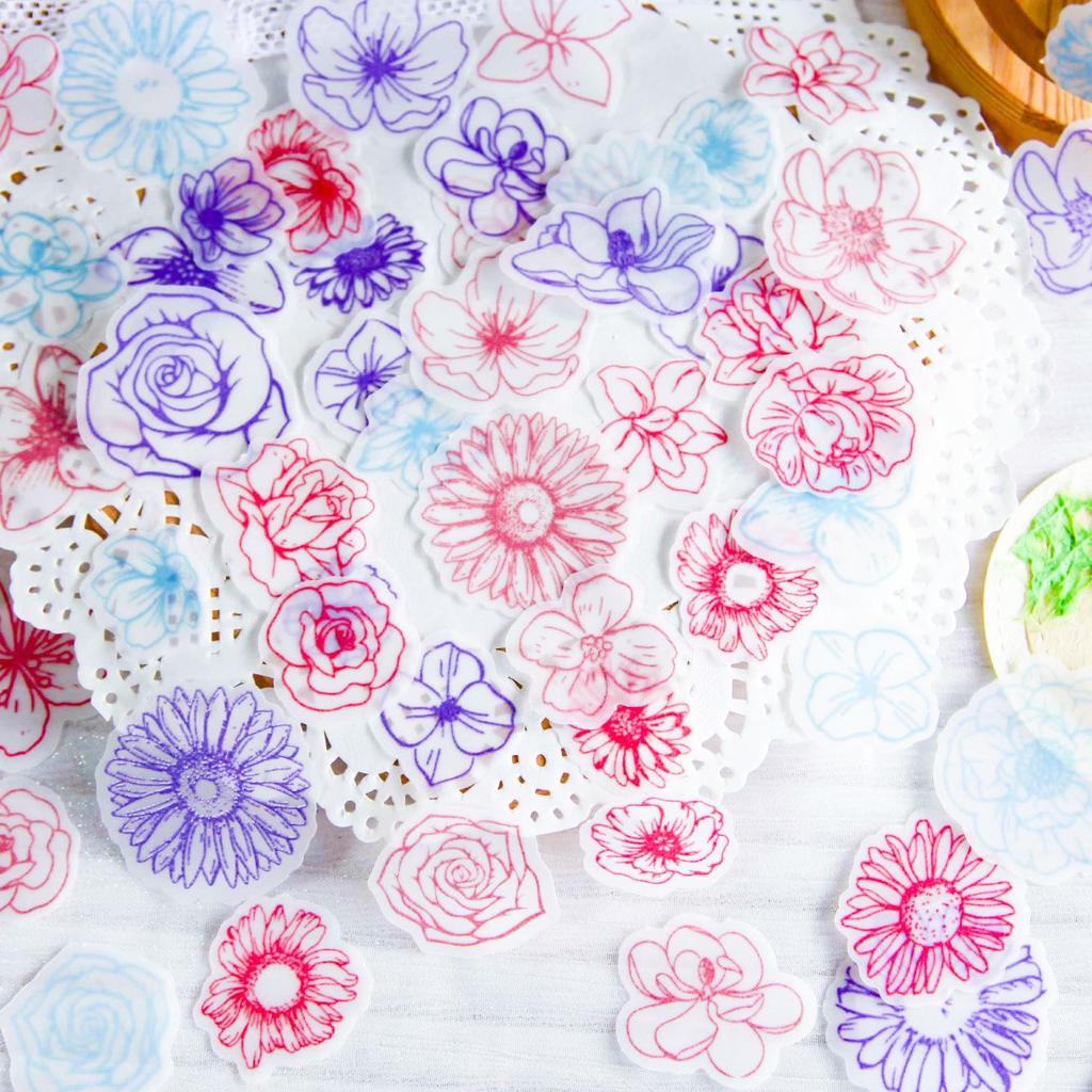 Retro Story Sulfuric Acid Paper Camellia Flower Stickers for DIY Diary and Creative Decoration